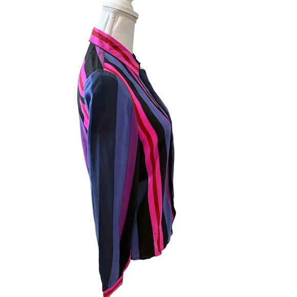 Vintage Oleg Cassini Silk Bold Stripe Button Down Shirt Pink Blue Black 8 - Picture 3 of 5